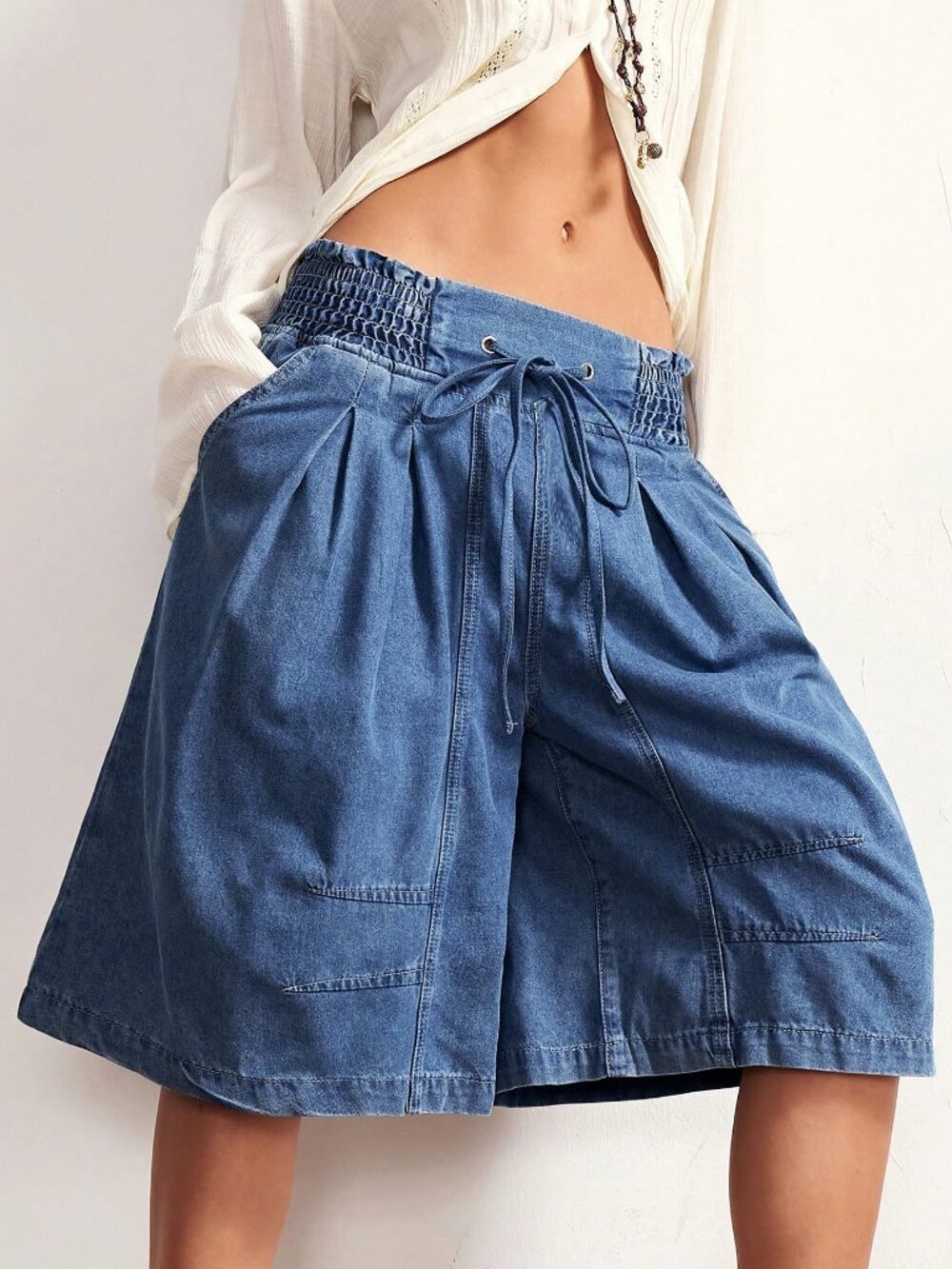 Medium Wash Casual Women's Woven Denim Loose Wide Leg Bermuda Shorts